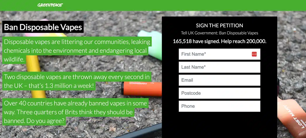 Greenpeace Petition To Make The Uk Ban Disposable Vapes In The Uk